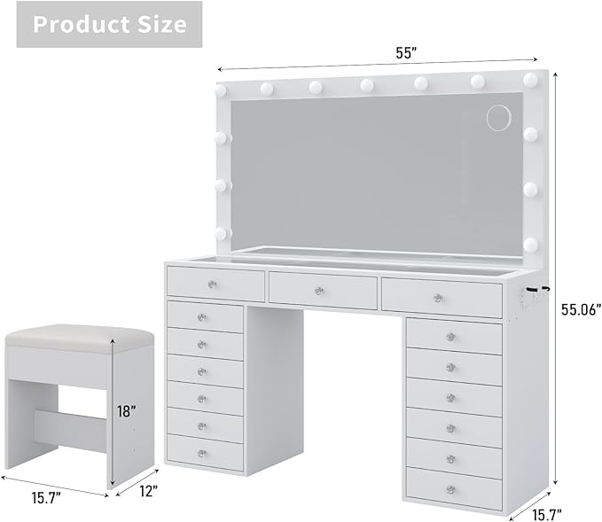 55" W Vanity Desk, Makeup Vanity with Charging Station, 15 Drawers with Lighted Mirror, 3 Lighting Modes, Brightness Adjustable, Glass Top, Vanity Table with Chair for Bedroom, White