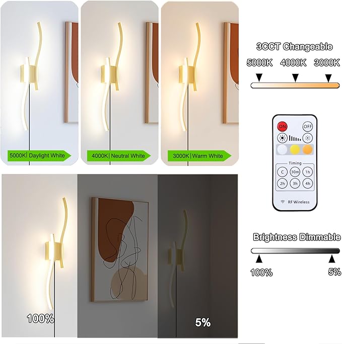 Modern Plug in Wall Sconce Set of 2, Gold Dimmable LED Wall Light with Remote Control, 3CCT Adjustable & Memory Function, Timer, Plug in Cord Wall Lamp for TV Wall Living Room Hallway Bedroom