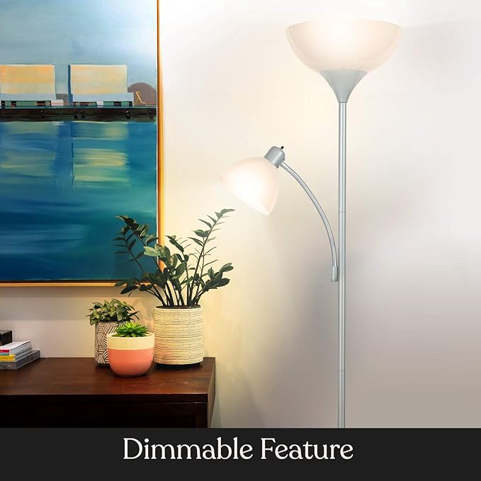 Brightech Sky Dome Plus LED Floor lamp, Torchiere Super Bright Floor Lamp with Reading Lamp for Living Rooms & Offices - Dimmable Tall Standing Lamp for Bedroom Reading - Silver
