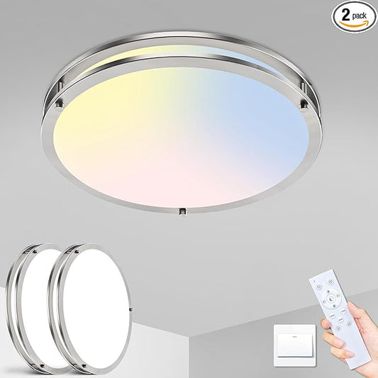libtit 10Inch Flush Mount Ceiling Lights with Remote, 18W Dimmable LED Ceiling Light with Nightlight and Timer, 3000K-6500K Adjustable Brushed Nickel Light Fixture for Closet Kitchen Hallway-2Pack
