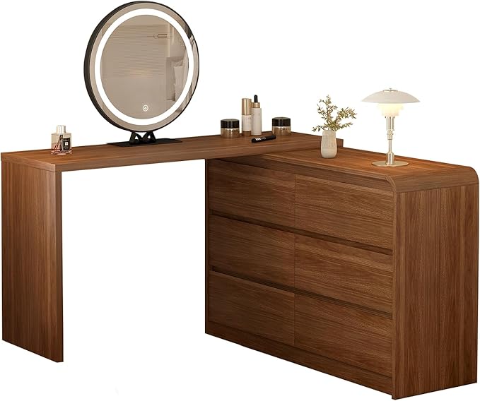 Makeup Vanity Desk with Full Aluminum HD Lighted Mirror, 50-90in Extendable Modern Dressing Table, 6-Drawer Storage Cabinet with Rounded Anti-Collision Corners, Bedroom Vanity, Brown