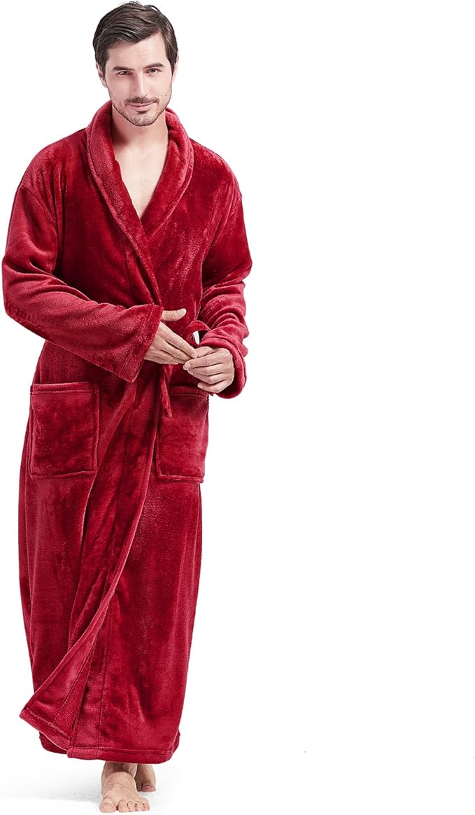 FashGudim Mens Robes Big and Tall Full Length Plush Fleece Long Robe for Men Bathrobe Shawl Collar Warm Winter House Robes