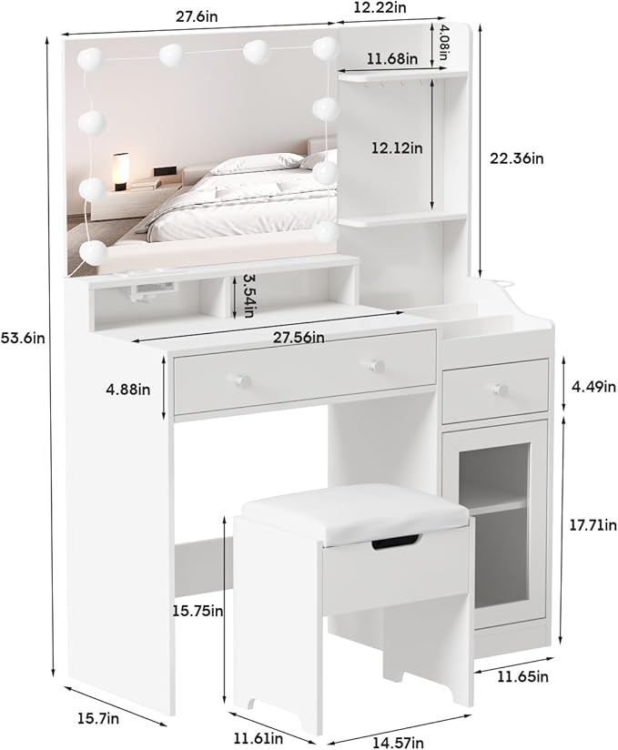 Vabches Vanity with Mirror and Lights, Makeup Vanity Table with Charging Station, Cute Vanity Set with Comfortable Bench, Dressing Table with 3 Storage Compartments, 39.8inch, White