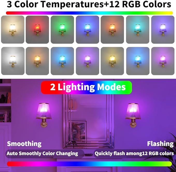 Battery Operated Wall Sconce Set of 2, Gold Rechargeable Wall Lights with Real 2500mAh Dimmable Retachable Bulbs and Remote,12RGB Colors Wireless Battery Sconces for Bedroom Living Room Hallway