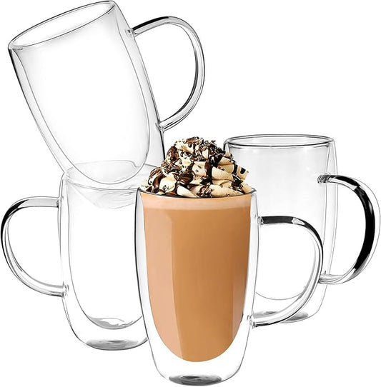 Clear Glass Double Wall Insulated Round Coffee Mugs Set of 4 Pieces - Large Size 16oz Best Reusable Coffee Mug for Home Cafe Restaurant Perfect for Espresso Capucinno Lungo Latte Coffee