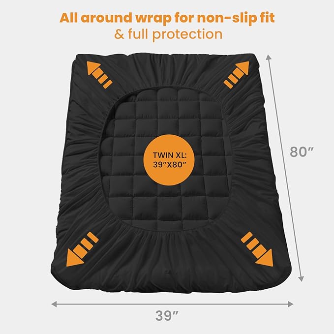 MATBEBY Twin XL Mattress Pad - Cooling Breathable Mattress Topper, Quilted Fitted Mattress Protector, Pillow Top Mattress Cover with 8-21" Deep Pocket, Soft, Machine Washable, Black, Twin Extra Long