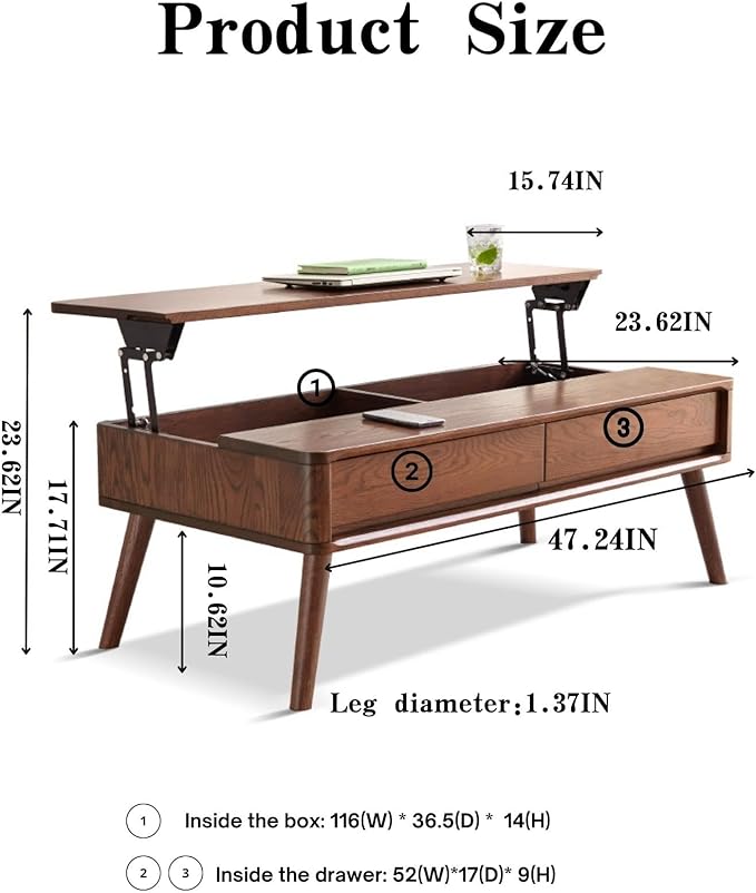 Oak Wood Lift Top Coffee Table with Storage, Mid-Century Modern Rectangle Coffee Tables for Living Room,Wooden Walnut Coffee Table for Dining,Working,Playing Games Desk
