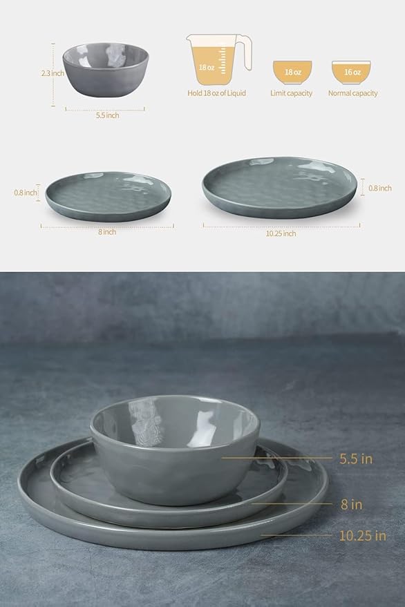 Famiware Mars Plates and Bowls Set, 18 Pieces Dinnerware Sets, Dishes Set for 6, Dark Gray