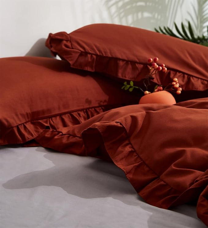 Luxlovery Burnt Orange Ruffle Comforter Set Twin Farmhouse Rust Orange Bedding Comforter Set Shabby Caramel Chic Blanket Quilts Ruffed Reddish Orange Bedding Set for Women Men Adults Kids