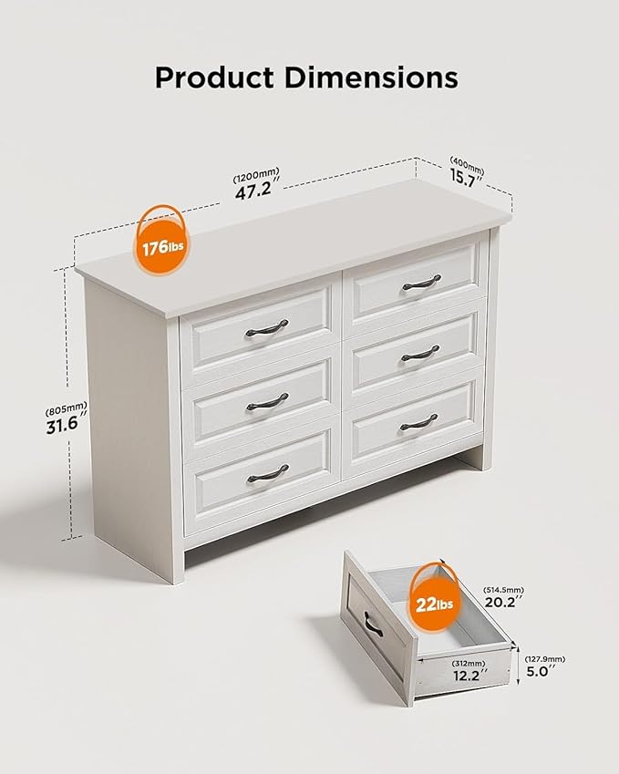Pipishell White 6 Drawer Dresser for Bedroom, 47" Wide Wood Chest of Drawers with Bar Handles, Modern Storage Dresser Organizer for Bedroom, Living Room, Hallway, White