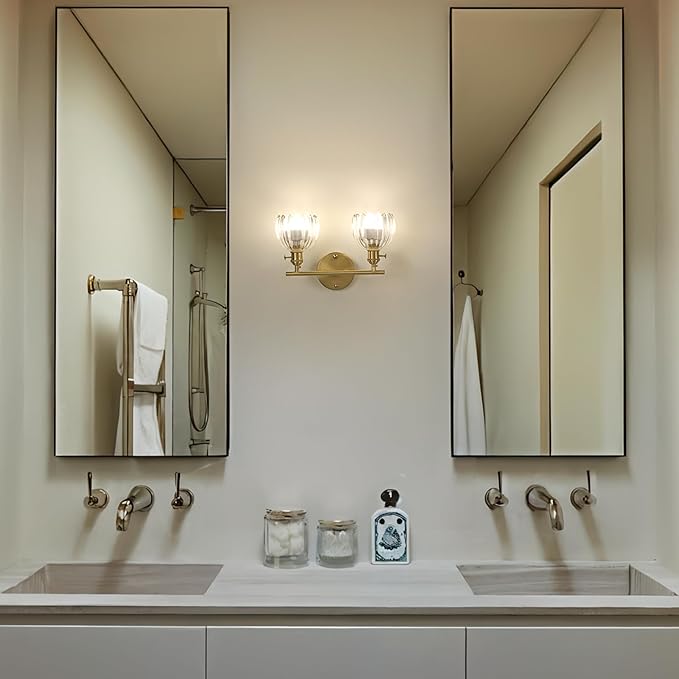 Battery Operated Bathroom Light Fixtures, 2-Light Brass Vanity Wall Light with 5000mAh Rechargeable Bulb Over Mirror with Clear Tulip Glass Shade for Bedroom Living Room
