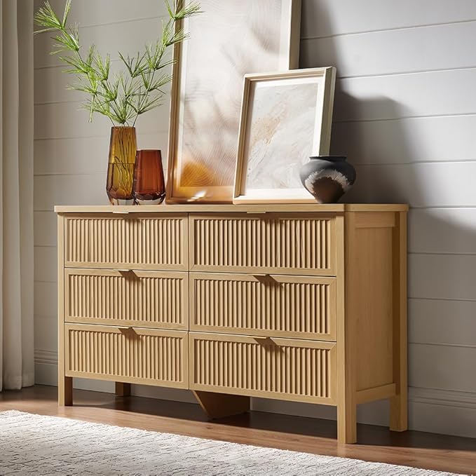 Fluted 6 Drawers Dresser for Bedroom, 55 Inch Wide Modern Wood Chest of Drawers, Mid Century Chests Drawer Clothing Organizer for Hallway (Natural Oak)