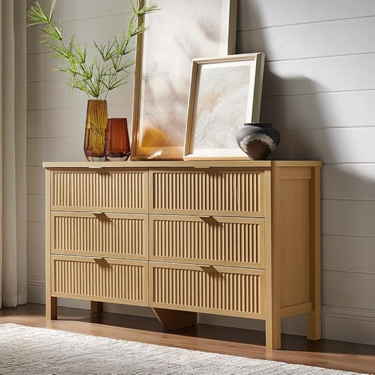 Fluted 6 Drawers Dresser for Bedroom, 55 Inch Wide Modern Wood Chest of Drawers, Mid Century Chests Drawer Clothing Organizer for Hallway (Natural Oak)
