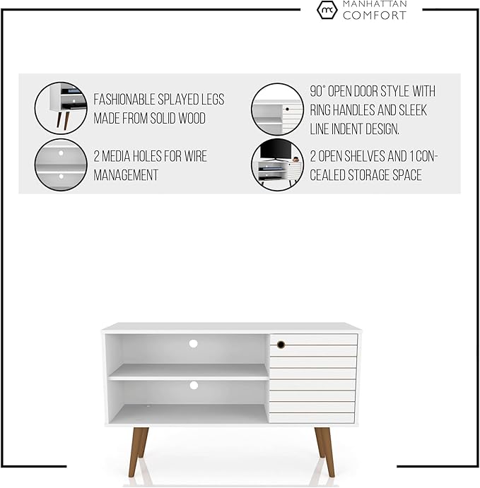 Manhattan Comfort Liberty Mid Century Modern TV Stand for Televisions up to 46 Inches, Bedroom and Living Room Entertainment Center with Storage, Shelves, and Cabinet, 43" Wide, White/3d Print