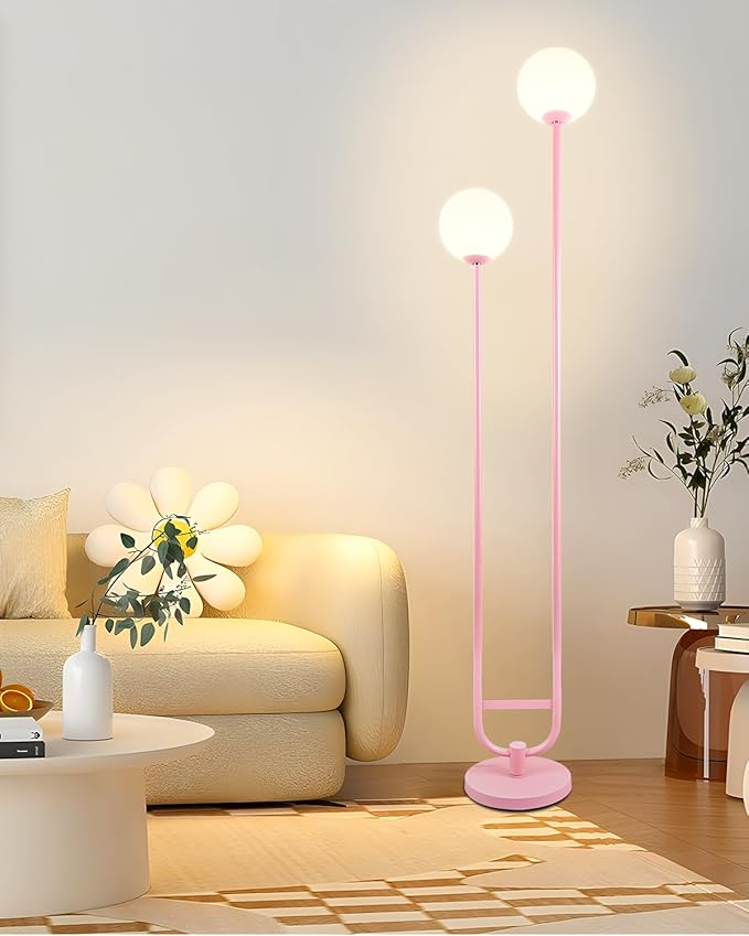 Lightdot 63IN Pink Floor Lamp, Modern Mid Century Globe Standing Lamps with 3000K LED Bulbs Candle Holder Style Unique Vintage Tall Floor Lamp for Living Room/Wedding