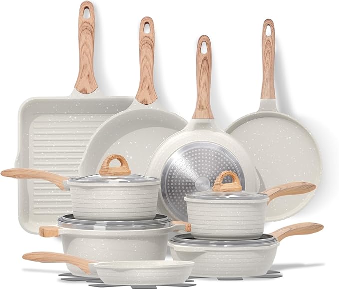 JEETEE 23pcs Pots and Pans Set Non Stick, White Cookware Sets for Kitchen, w/Frying Pans, Saucepans, Sauté & Griddle & Crepe Pan, Induction Cooking Pots (PFOA/PFAS/PFOS Free)