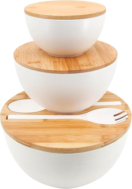 Salad Bowls Set of 3 with Lid & Serving Utensils, Bamboo Fiber Mixing Bowls Set Large Serving Bowls & Storage Set with Bamboo Lid for Salad, Kitchen Eating, Pasta, Popcorn, Chips, Fruit, White