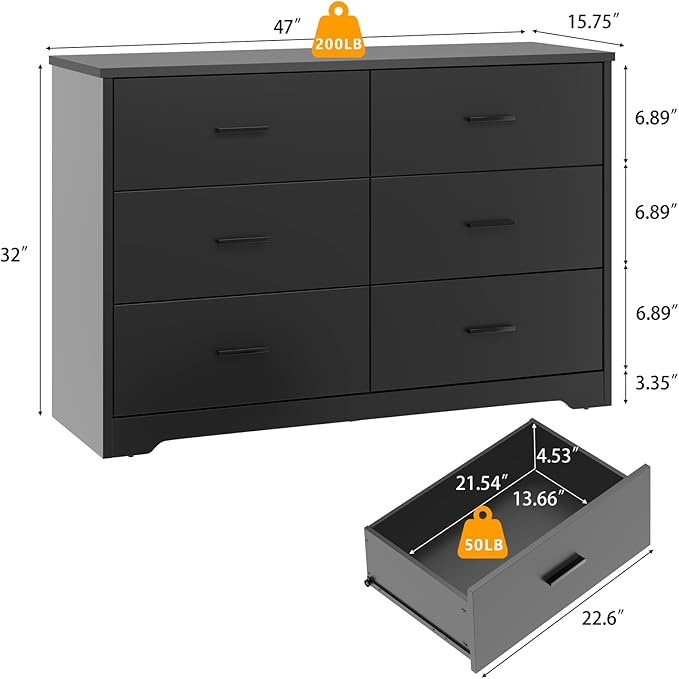 LIDYUK Black Dresser for Bedroom, 6 Drawer Dressers & Chests of Drawers, Modern Wood Dresser, 48 Inches Wide Chest of Drawers for Bedroom, Hallway, Living Room
