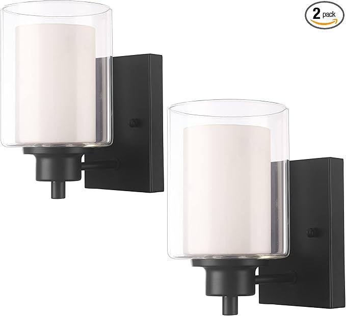 2 Pack Bath Vanity Light Fixtures 1-light, Indoor Black Wall Light with Dual Glass Shade, Farmhouse Bathroom Wall Scone, Vintage E26 Bese Wall mount Lighting for Porch Bedroom Entryway Stairs