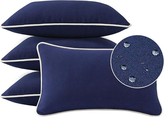 Decorative Outdoor Water Repellent Throw Pillows with Inserts, Set of 4, 20" x12" Pillows for Patio, Backyard, Bed, Couch, and Patio Furniture, Navy
