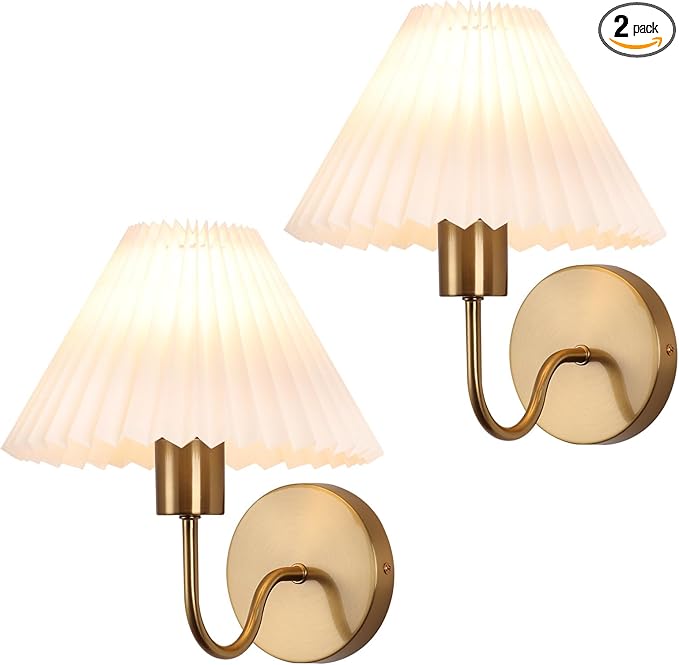 Brushed Gold Wall Sconces Sets of 2, White Pleated Fabric lampshade, Indoor Gooseneck Wall Lamp Lighting, Bathroom Dresser Hardwired sconces wall decor Fixture for Living Room Bedroom Dining Room