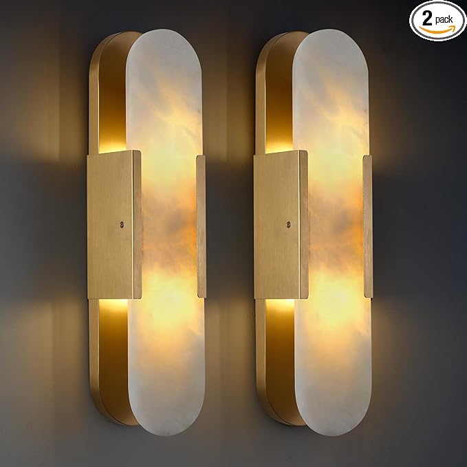 19.7in Brass Alabaster Wall Sconces, Natural Marble Wall Sconces Set of Two Indoor Alabaster Sconces for Living Room Modern Alabaster Sconces Wall Lighting for Dining Room Stairs Bedroom