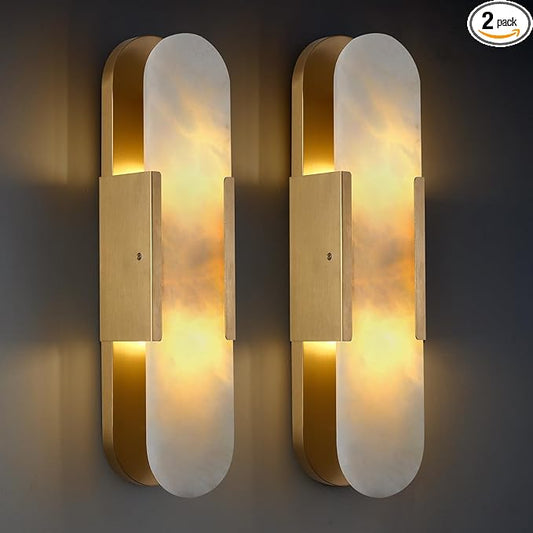 19.7in Brass Alabaster Wall Sconces, Natural Marble Wall Sconces Set of Two Indoor Alabaster Sconces for Living Room Modern Alabaster Sconces Wall Lighting for Dining Room Stairs Bedroom