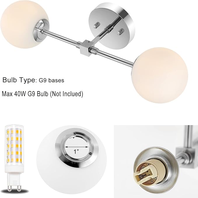 Modern Wall Sconce 2-Lights Industrial Mid Century Bathroom Vanity Wall Light with White Globe Glass Lampshade Brushed Chrome Finished Lighting Fixture (Chrome Color)