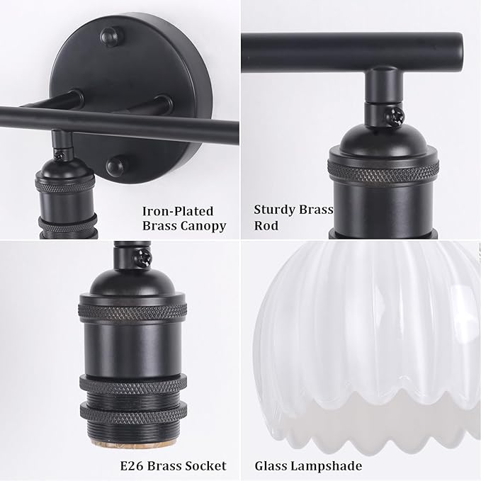 Bathroom Light Fixtures, 3-Light Black Vanity Wall Light Over Mirror with White Tulip Glass Shade for Bedroom Living Room