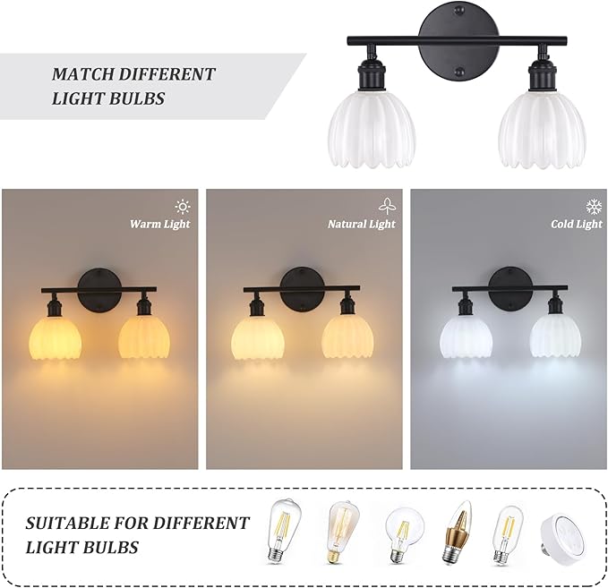 Bathroom Light Fixtures, 2-Light Black Vanity Wall Light Over Mirror with White Tulip Glass Shade for Bedroom Living Room