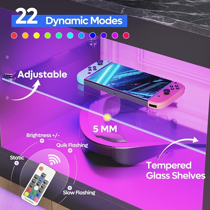 Bestier Entertainment Center LED Gaming TV Stand for 55+ Inch TV Adjustable Glass Shelves 22 Dynamic RGB Modes TV Cabinet Game Console PS4, Black Marble