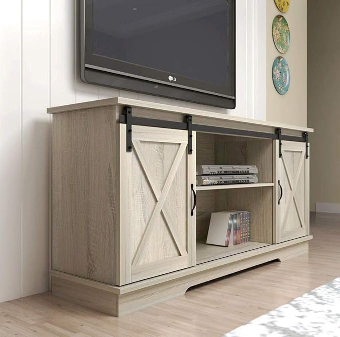 Rainbow Sophia TV Stand, Storage Cabinet with Sliding Barn Doors and Adjustable Shelves, Modern 28”H, White Oak