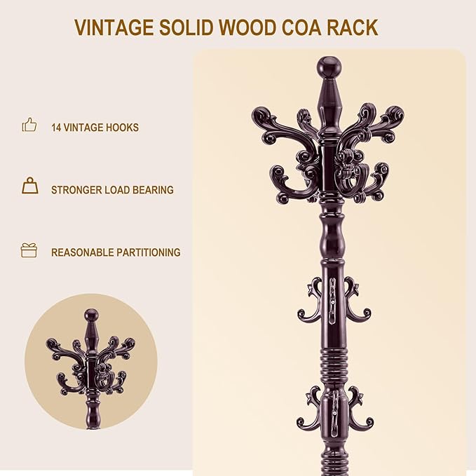 Wooden Coat Rack Stand, Vintage Solid Wood Coat Rack Freestanding with Triangle Base, Heavy Duty Coat Racks with 14 Hooks, Wood Coat Tree Hanger Stand for Entryway,Office