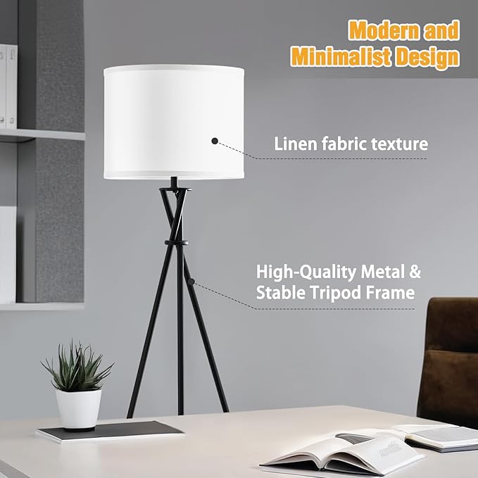 Floor Lamp for Living Room, 61'' Modern Tripod Floor Lamps with White Shade & Rotary Switch, Black Floor lamp for Bedroom, Office, Simple Design Lamp