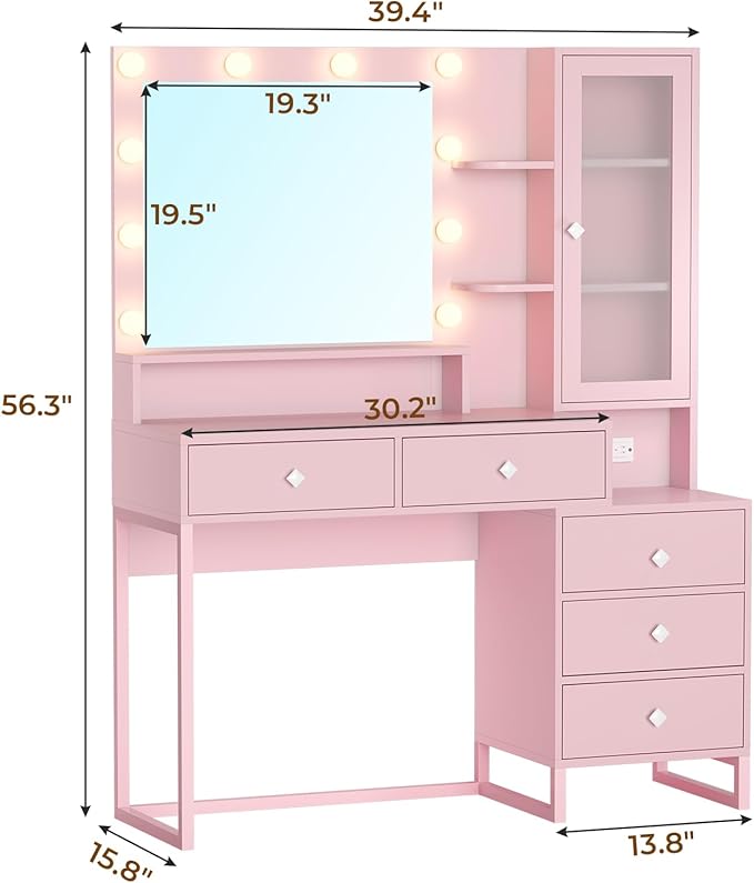 Tiptiper Makeup Vanity Desk with Mirror and Lights & Charging Station, White Vanity Table with 5 Storage Drawer & Glass Door & 3 Shelves for Bedroom,Pink