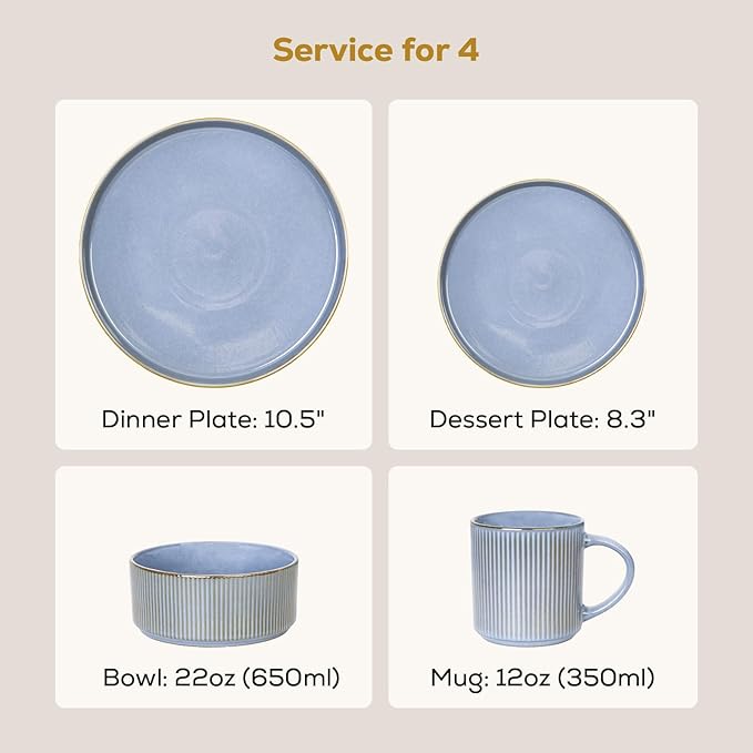 Romswi Dinnerware Set for 4, 16Pcs Stoneware Plates and Bowls Sets with Mugs, Chip & Scratch Resistant Dish Set, Handmade Reactive Glaze Plate Set, Oven, Microwave and Dishwasher Safe, Gray Blue