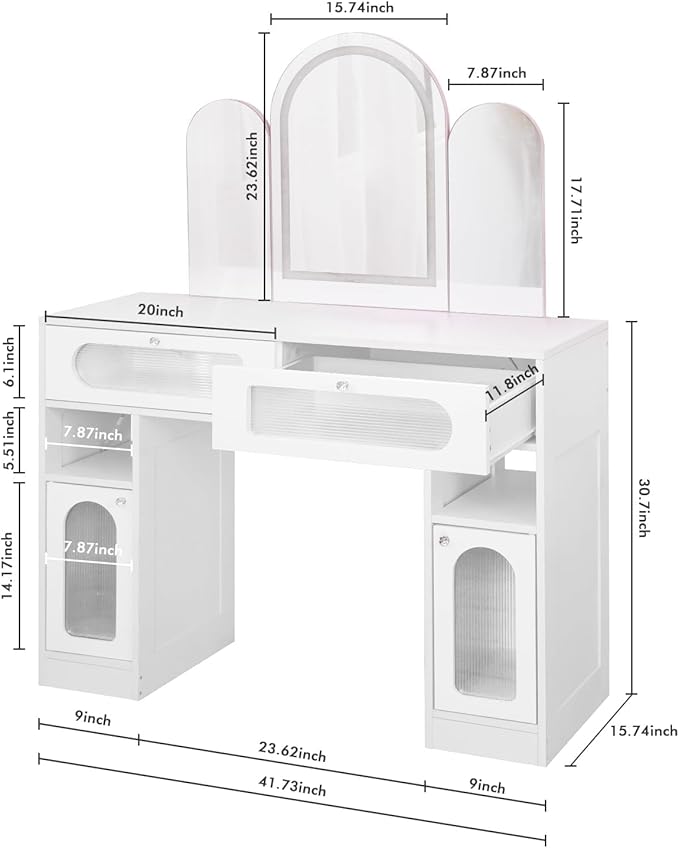 Vanity Desk with Arched Tri-Fold Mirror, Dimmable Vanity Table, LED RGB Makeup Vanity with 2 Drawers, 2 Open Storage Area & 2 Cabinets, Gifts for Girls/Women, Dressing Table (White)