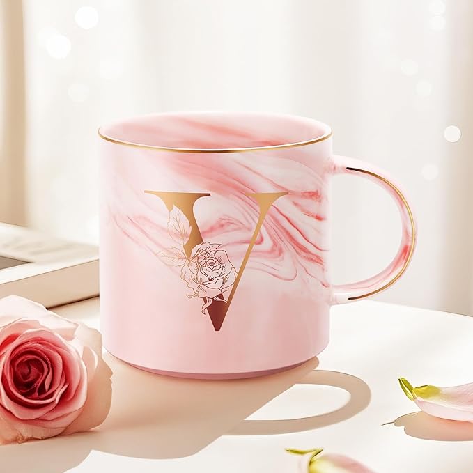 Personalized Gifts for Women Coffee Mug, Initial Customized Gift Monogrammed A-Z Coffee Mug 12 OZ, Christmas Anniversary Birthday Gifts for Women Mom Grandma Friend Sister Wife (V)