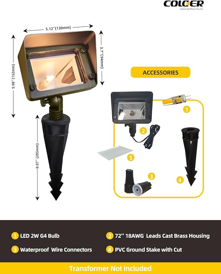 COLOER Brass Rectangular Flood Lights 12-Pack with 4W 2700K LED G4 Bulb, 12V Low Voltage Landscape Floodlights for Outside, Outdoor Wall Lights Illuminating Signs, Walls and Tree