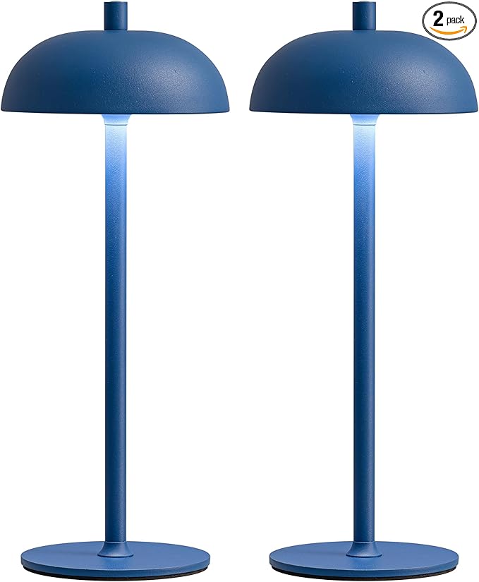 LED 12" Small Cordless Table Lamp Set of 2, 4000mAh Portable Touch Desk Lamp, 3 Color Dimming Rechargable Battery Powered Lamps, for Bedroom, Outdoor, Restaurant, Bedside, Night Lights (Blue)
