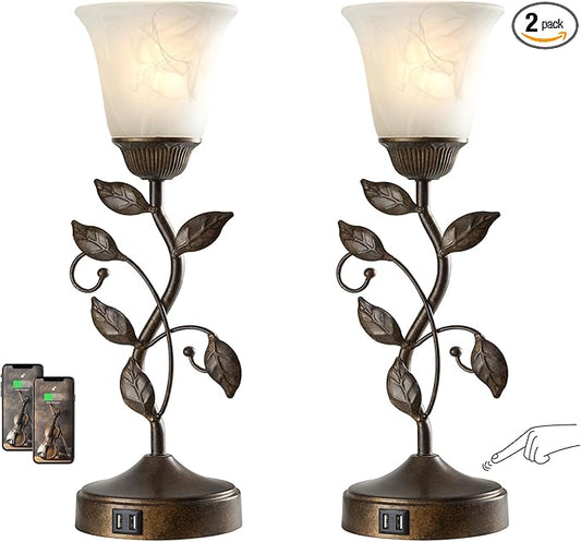 RORIANO Set of 2 Touch Farmhouse Bedroom Table Lamps, Nightstand Vintage Flower Lamps with 2 USB Ports, 3 Way Dimmable Leaf Lamp for Living Room with White Glass Shades, Bulbs Included