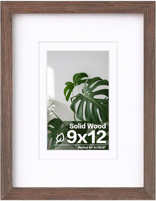 Egofine 9x12 Picture Frame Made of Solid Wood with Plexiglass, Display Pictures 5x7/6x8 with Mat or 9x12 Without Mat for Tabletop and Wall Mounting, Rustic Brown