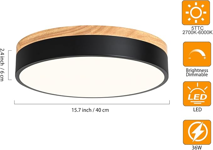 Dimmable Wood LED Flush Mount Ceiling Light, 5CCT 2700K-6000K Modern Black Close to Ceiling Lighting Fixtures, Minimalist Round Ceiling Lamp for Living Room, Bedroom, Laundry Room