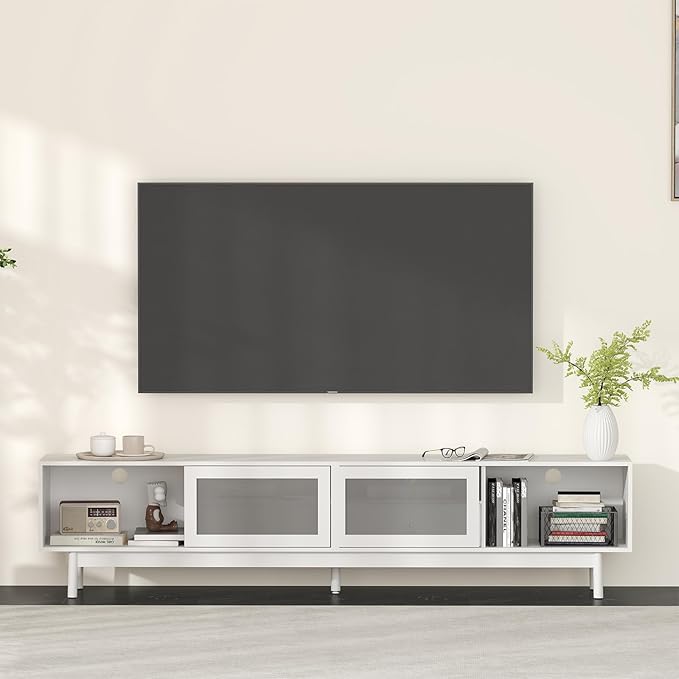 Bonzy Home TV Stand with Storage for 80 Inch TV, Modern Entertainment Center with Glass Doors and 2 Drawers, 86.6" Long TV Console for Living Room, White