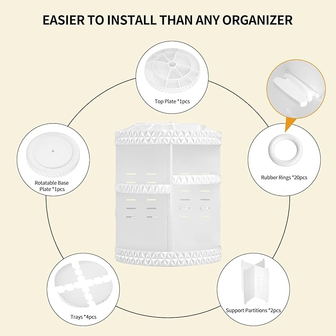 360 Rotating Makeup Organizer, DIY Adjustable Cosmetics Organizer[Patented Product], Professional Acrylic Make Up Caddy Shelf Storage Perfume, Lipsticks, Makeup Brushes or Accessories (White)