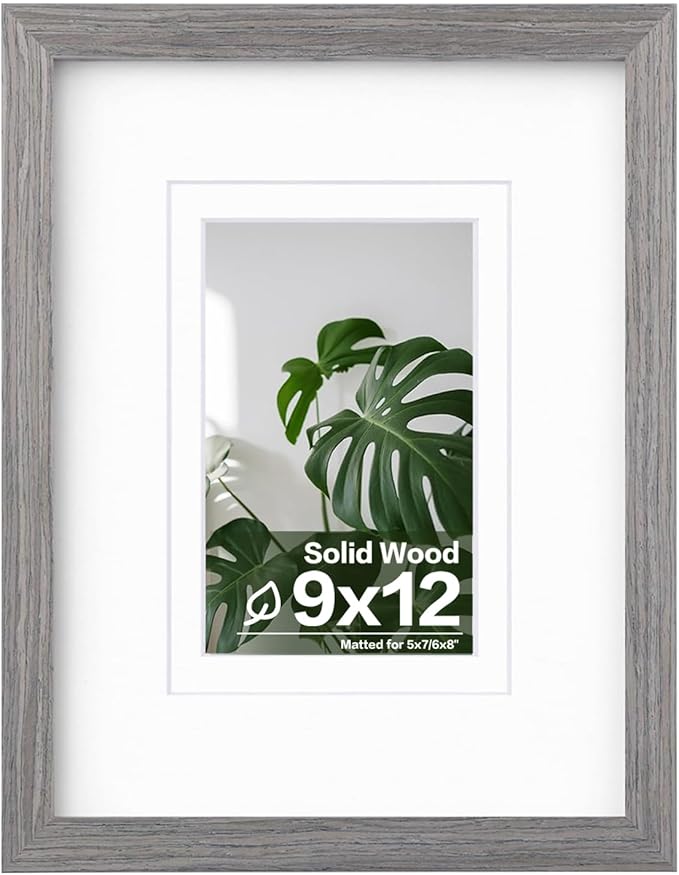 Egofine 9x12 Picture Frame Made of Solid Wood with Plexiglass, Display Pictures 5x7/6x8 with Mat or 9x12 Without Mat for Tabletop and Wall Mounting, Oak Grey
