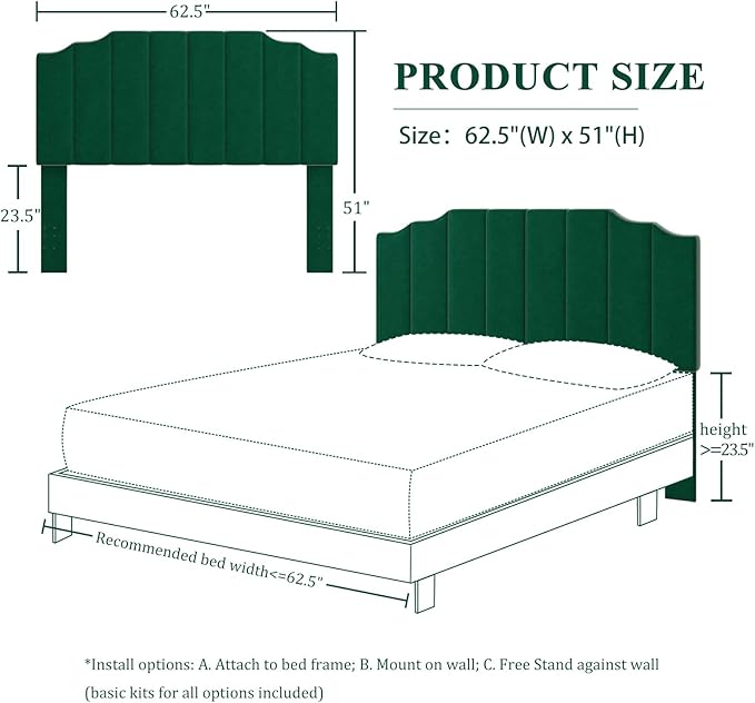 Queen Size Headboard Only, Velvet Wall Mounted Headboard Queen/Full Size for Adjustable Bed, Modern Vertical Channel Design with Curved Tufted Upholstered Head Board, Jade Green