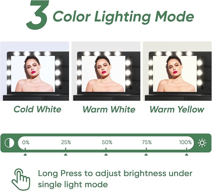 Semiocthome Makeup Vanity Desk with Mirror and Lights, Make Up Vanity Table Set with Power Outlet, Shelves and 5 Drawers, 3 Lighting Modes & Adjustable Brightness Dressing Table with Chair - Black