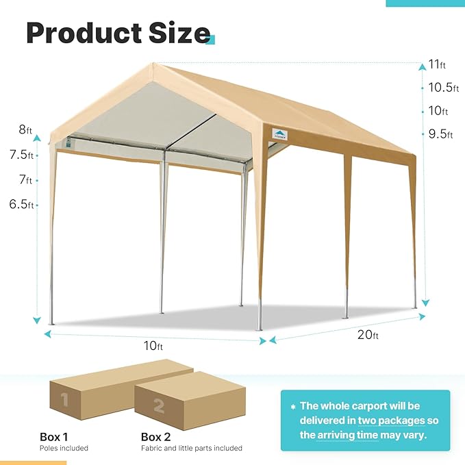 ADVANCE OUTDOOR 10x20 ft Heavy Duty Carport Potable Car Canopy Garage Party Tent Boat Shelter, Adjustable Height, with Leg Cloth, Beige