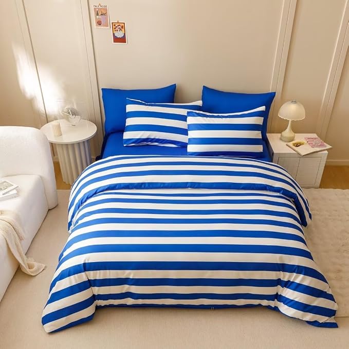CLOTHKNOW Blue Striped Queen Comforter Set Farmhouse Bedding Comforter Sets Boho Comforter Queen Farmhouse Comforter with 2 x Pillow Cases